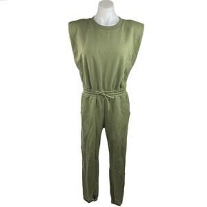 Beige Botany Green Crew Neck Sleeveless Elastic Drawstring Waist Jumpsuit Size S